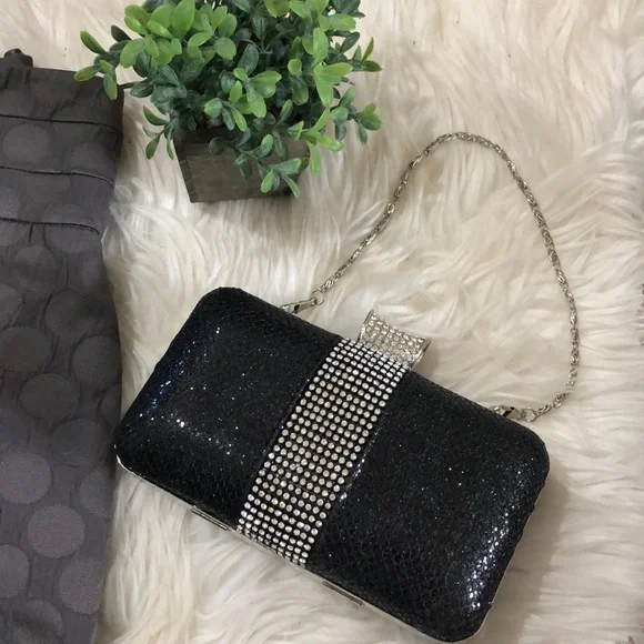 CRYSTAL ENCRUSTED EVENING BAG beaded EVENING BAG💥black w chain TIMELESS CLASSIC - Picture 3 of 10